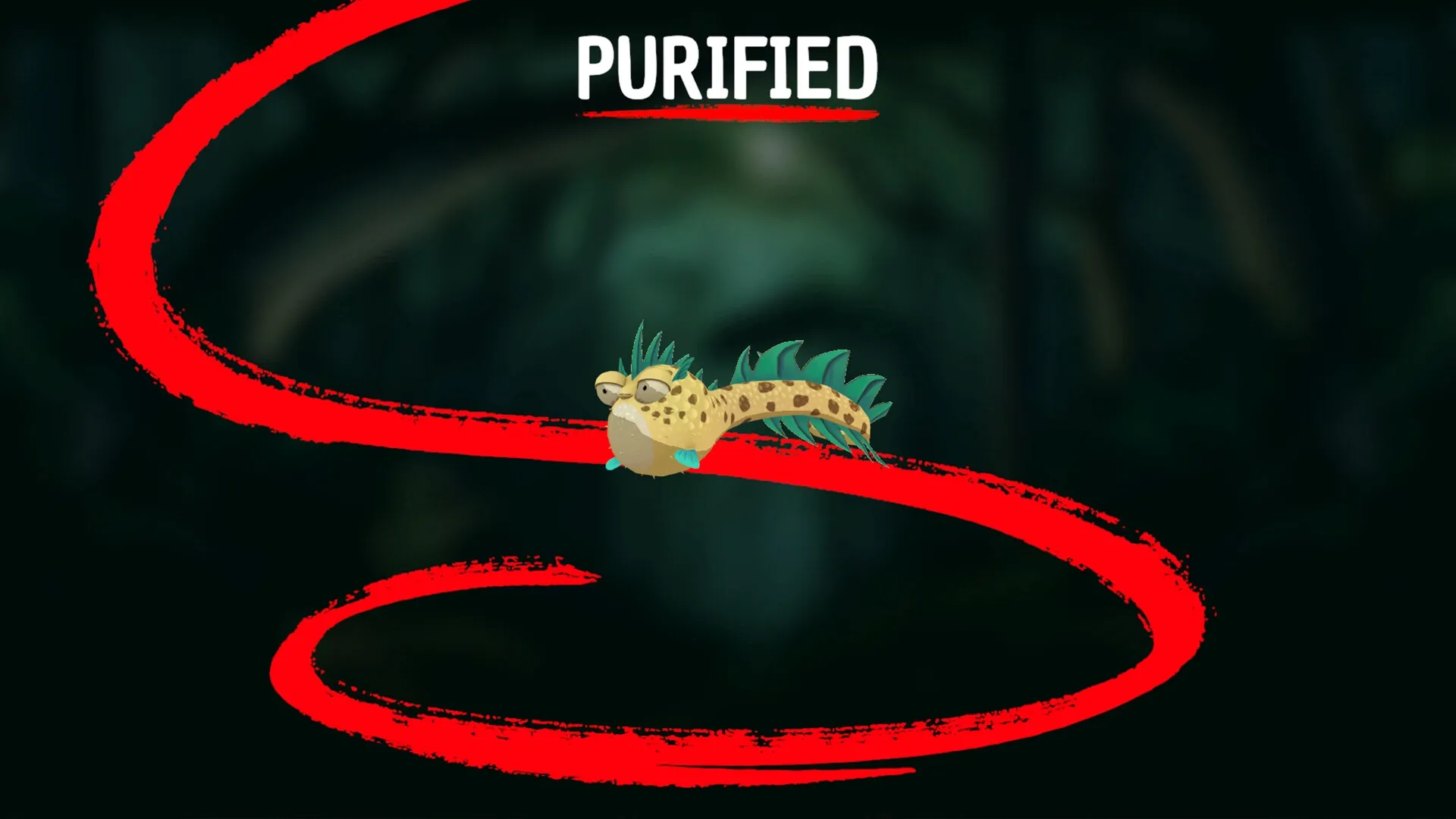 Tupi: Creature purified with bold text and red spiral on dark forest background