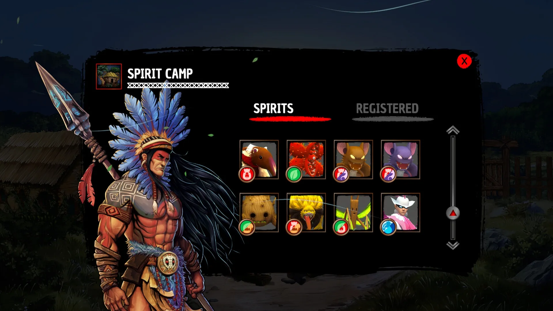 Tupi: Arariboia stands in Spirit Camp selecting spirits from a grid interface against a dark forest backdrop.