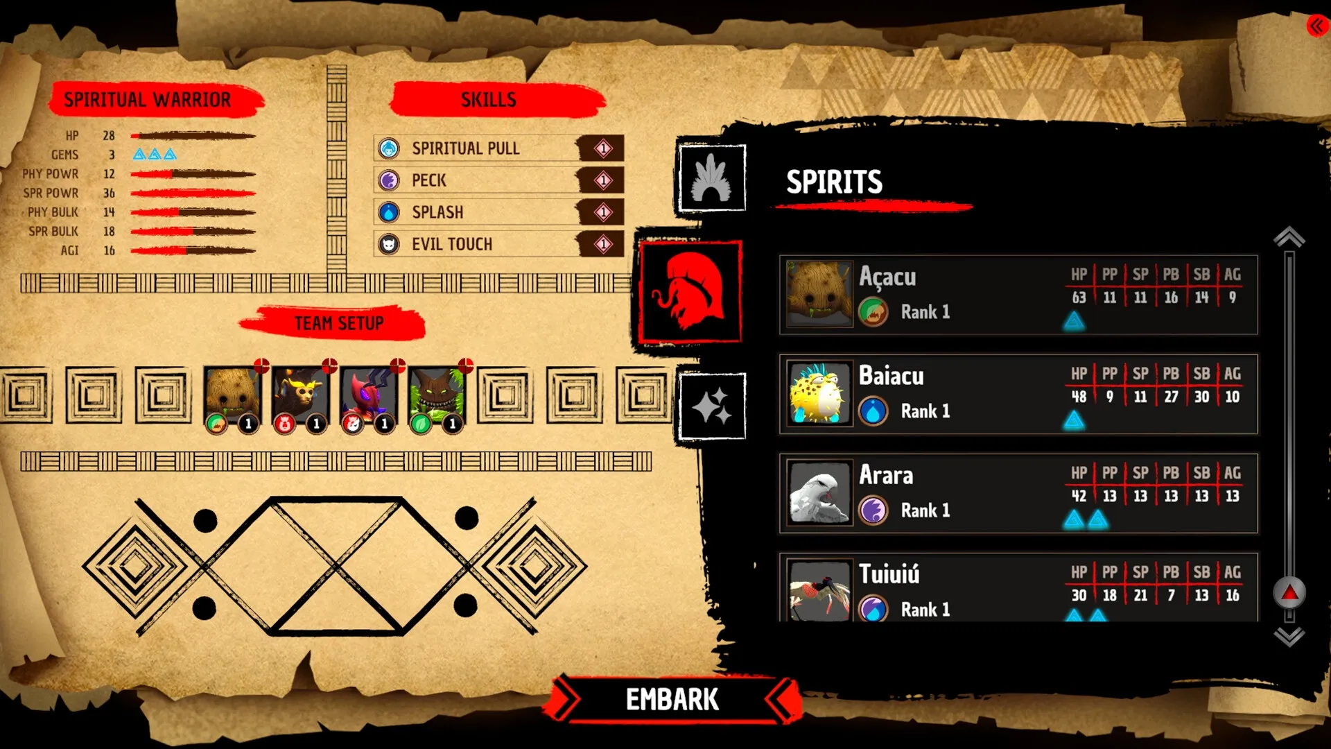 Tupi: Team setup screen with spiritual warrior stats and spirit selection in parchment-style interface