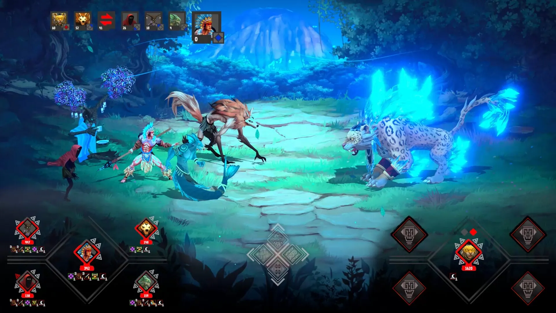 Tupi: Arariboia and allies in forest battle against mystical creatures with vibrant UI elements displayed
