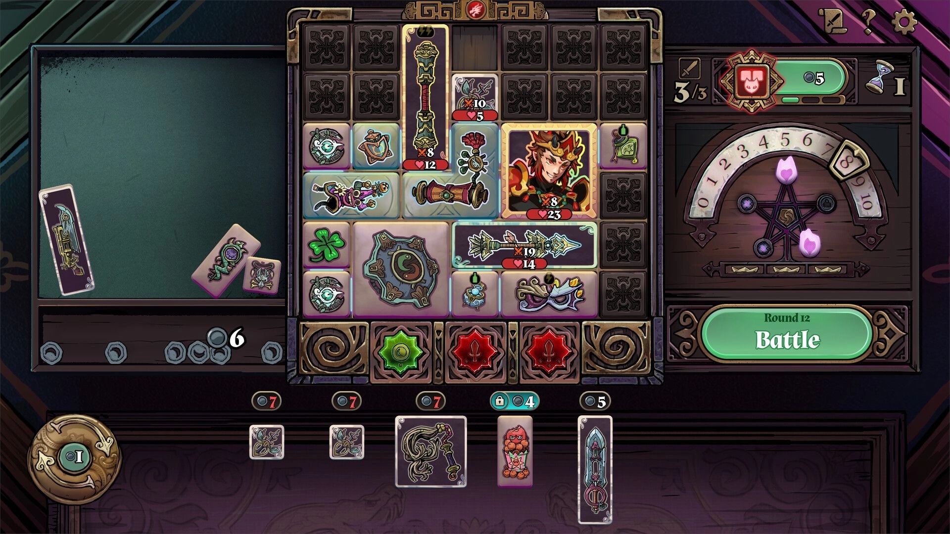 Turnbound: Inventory grid with character card, relics, and weapons; round 12 battle button visible