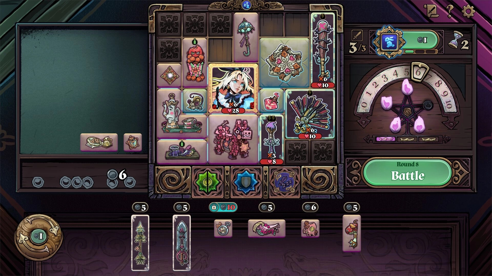 Turnbound: Character inventory management with relics and weapons before starting Round 8 battle