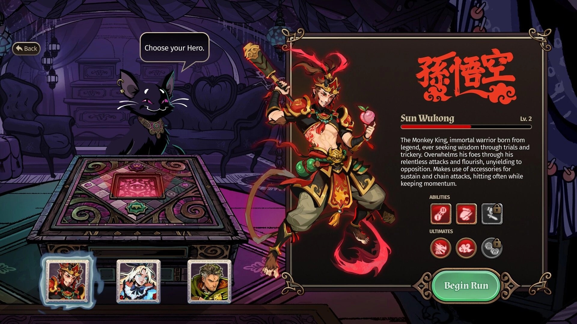 Turnbound: Hero selection with Sun Wukong character card and cat advisor in mystical room