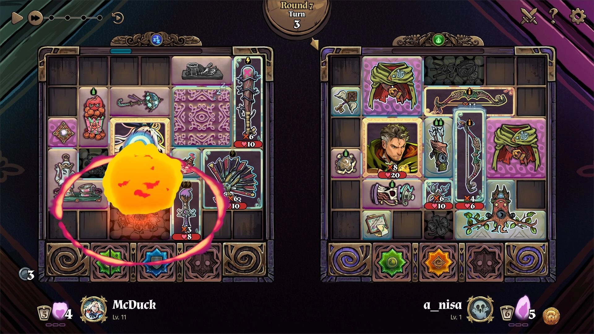 Turnbound: PvP inventory battle between McDuck and a_nisa with weapons and relics in grid layout