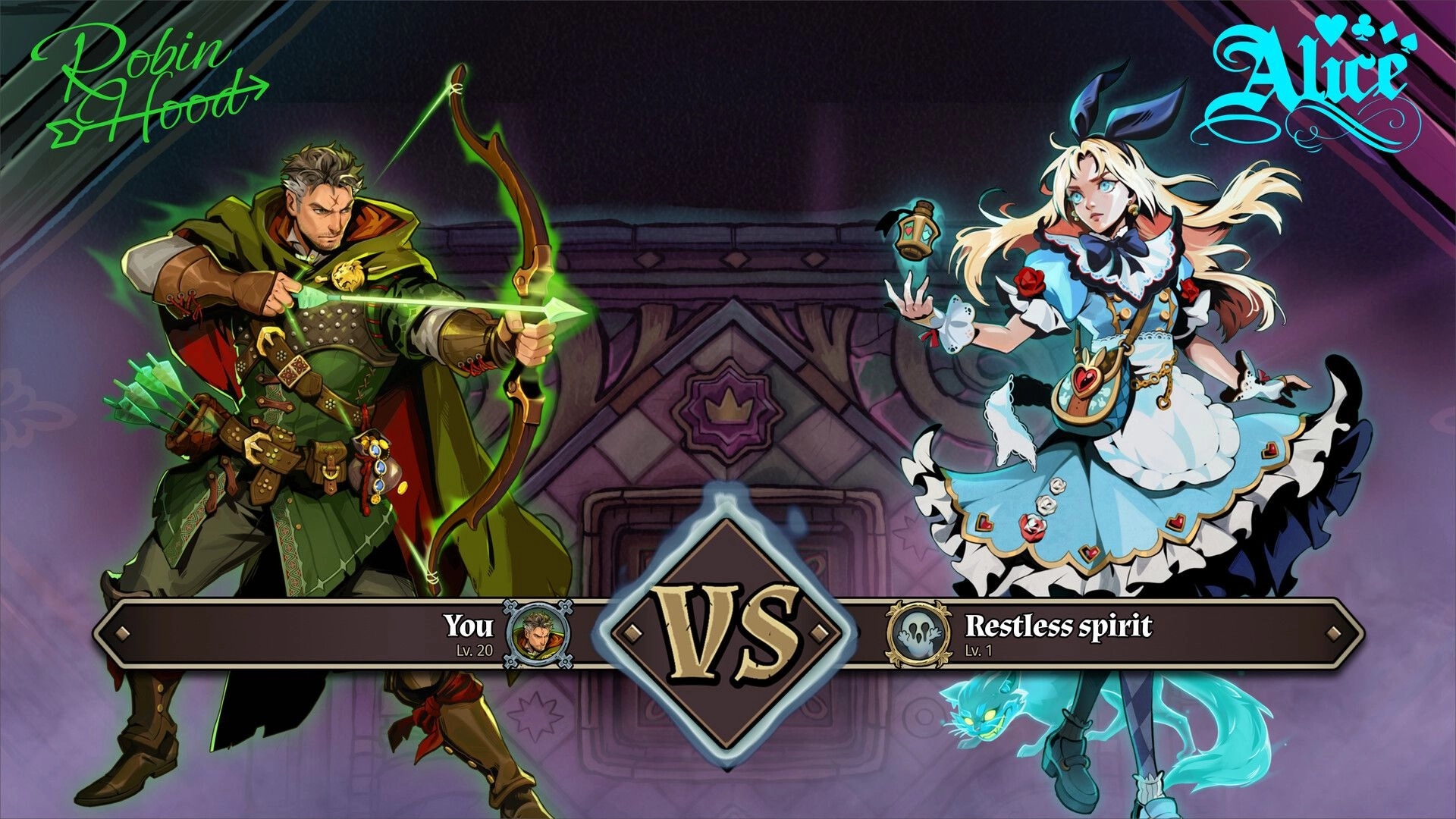 Turnbound: Character face-off between Robin Hood and Alice in haunted arena environment