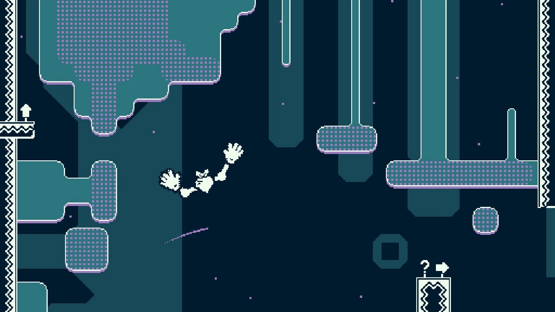 Turnip Mountain: Character swings across platforms in a pixelated cave environment with arrows visible