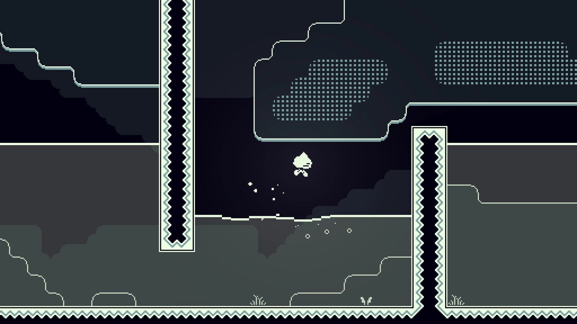Turnip Mountain: Character jumps between platforms in a cave with jagged walls and pixelated graphics