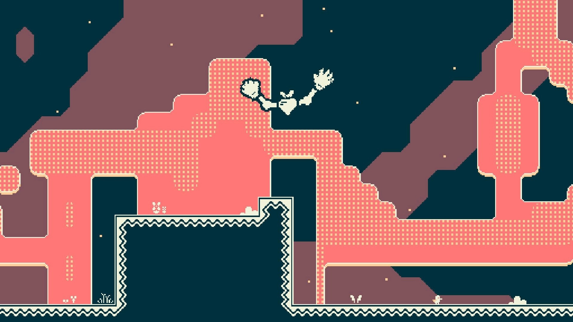 Turnip Mountain: Character swinging mid-air between cliffs in a pixelated canyon environment.