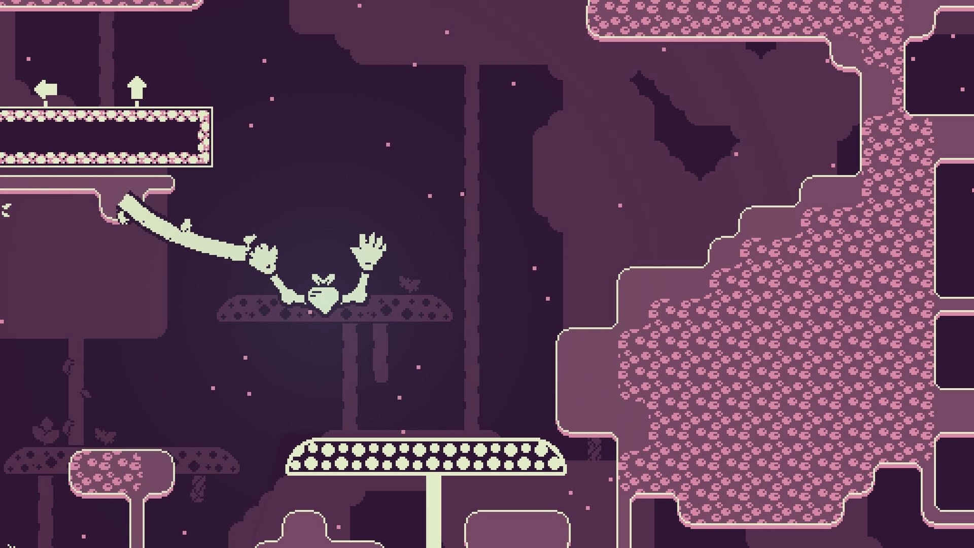 Turnip Mountain: Character swings between platforms in a pixelated, purple-hued cave environment