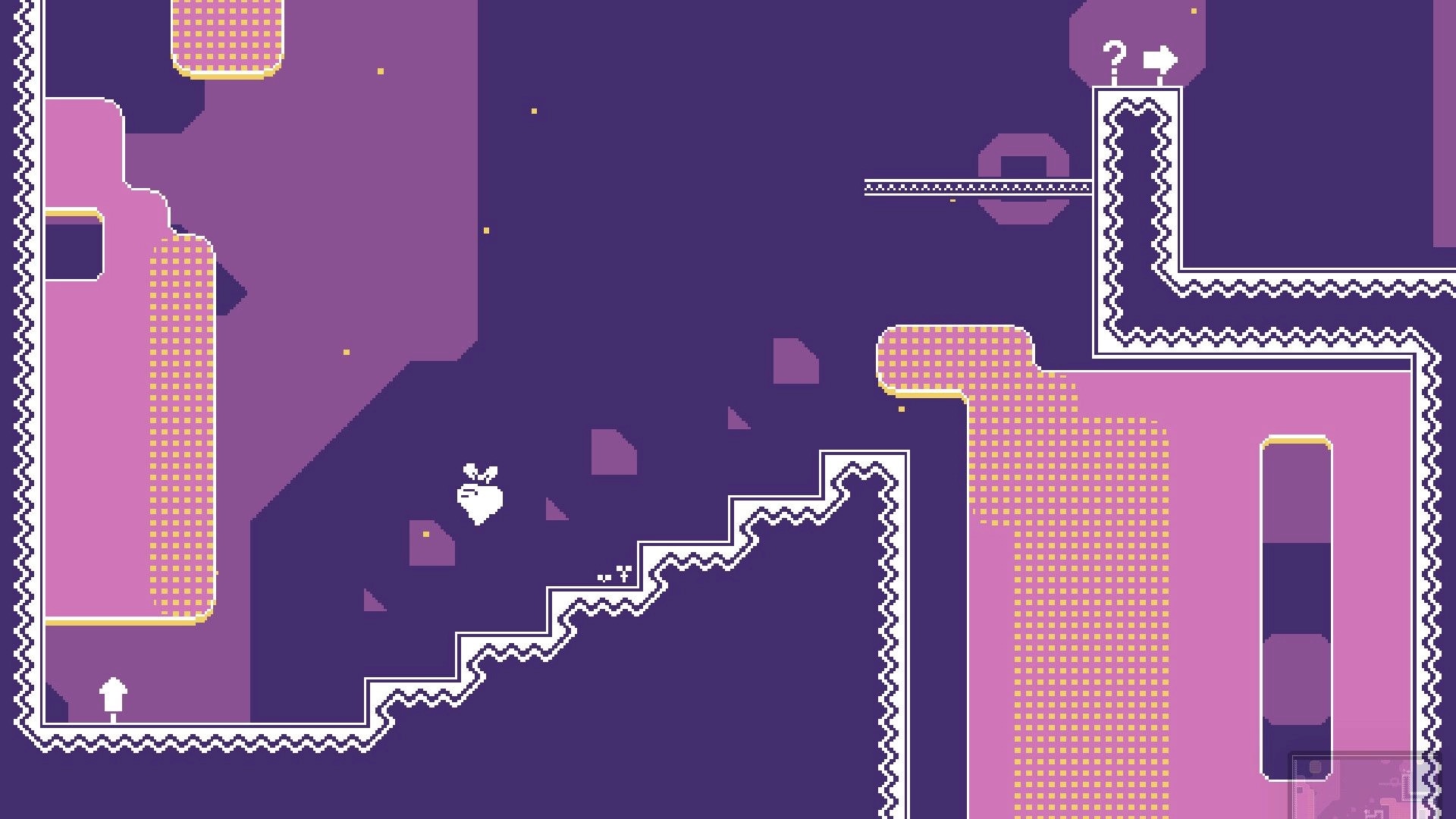Turnip Mountain: Turnip character climbing zigzag path in abstract purple and pink pixelated environment
