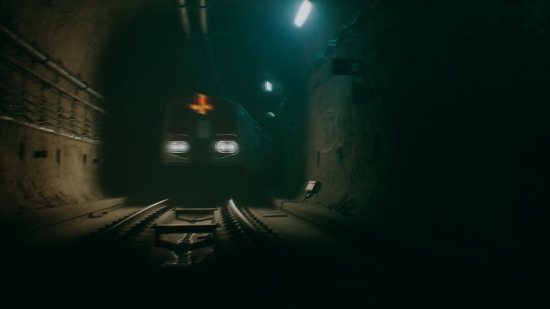 Turnout: A speeding train approaches through dimly lit subway tunnel with eerie atmosphere and shadows