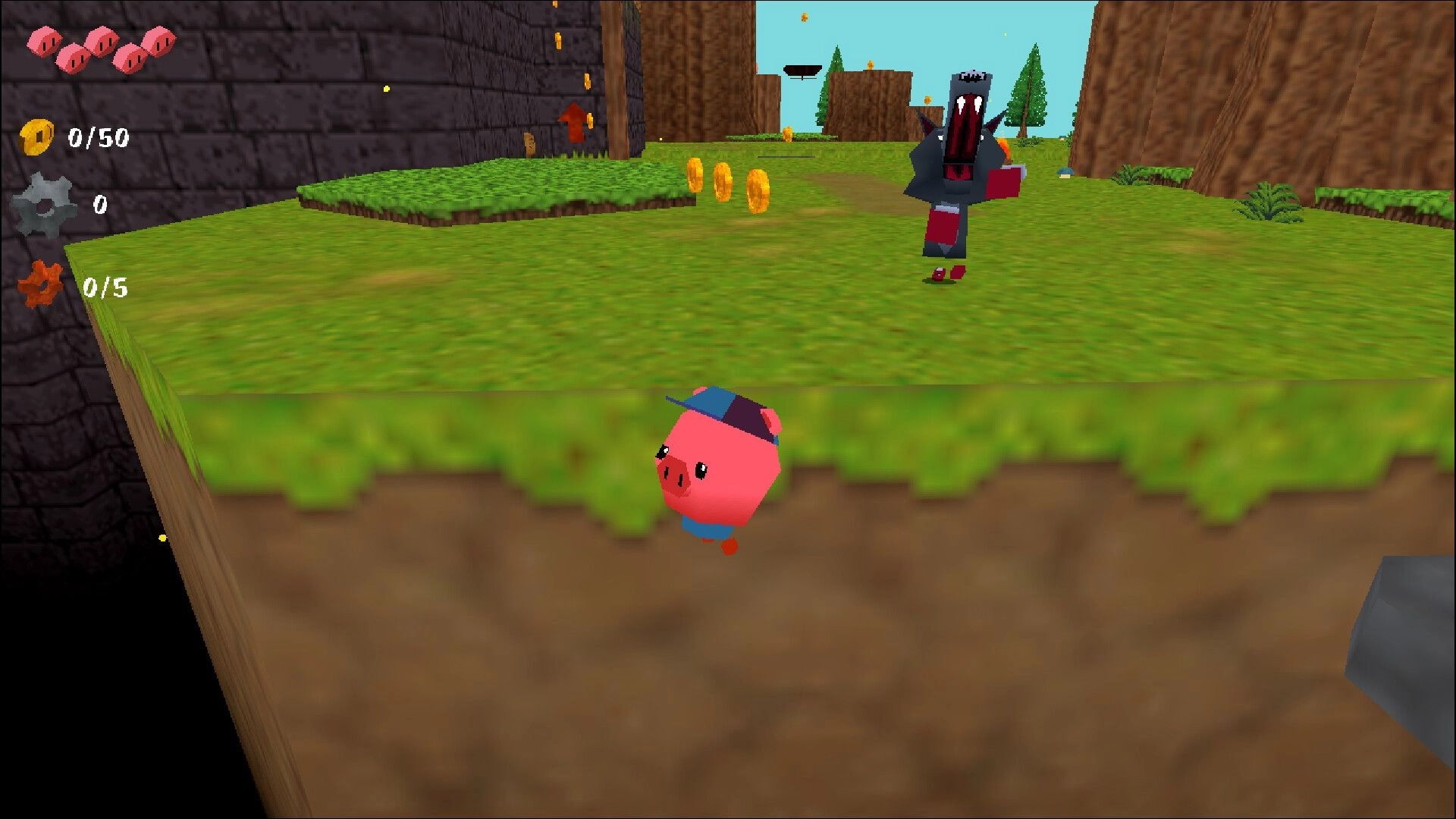 Twig's Adventure 64: Twig jumps off a grassy ledge with enemy character nearby, coins scattered ahead