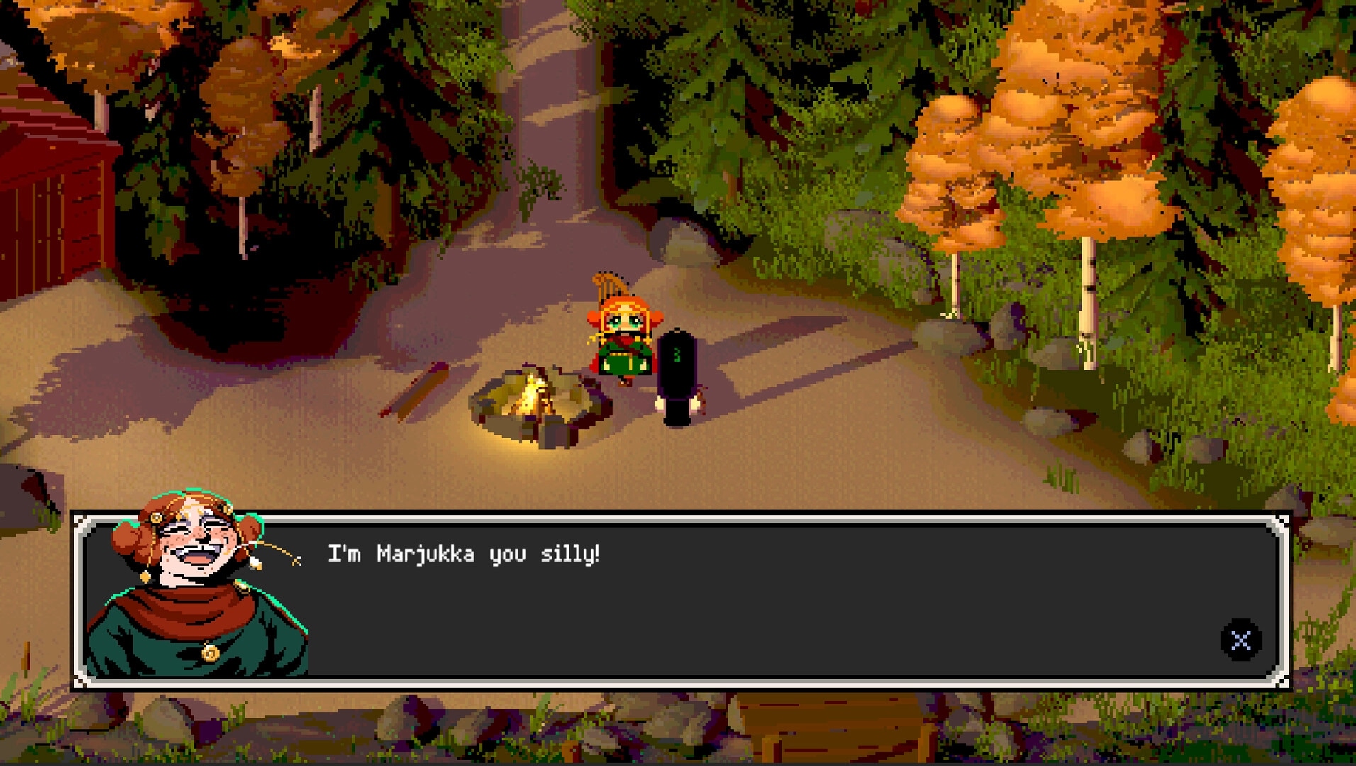 Twilight Ferry: Tytti conversing with Marjukka by a campfire in a forest clearing.