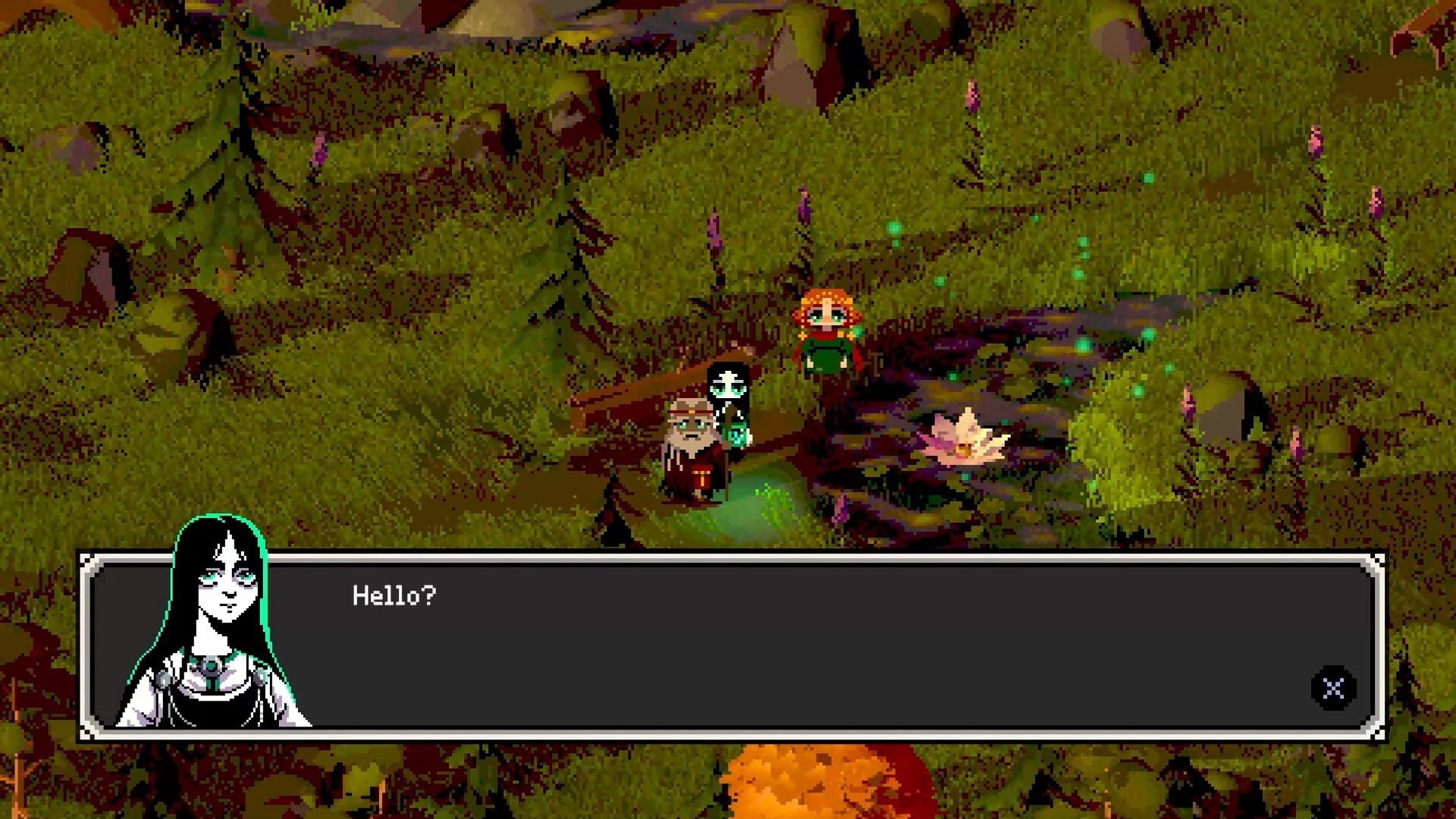 Twilight Ferry: Tytti encounters a spirit in a lush, mystical forest with dialogue box showing "Hello?"