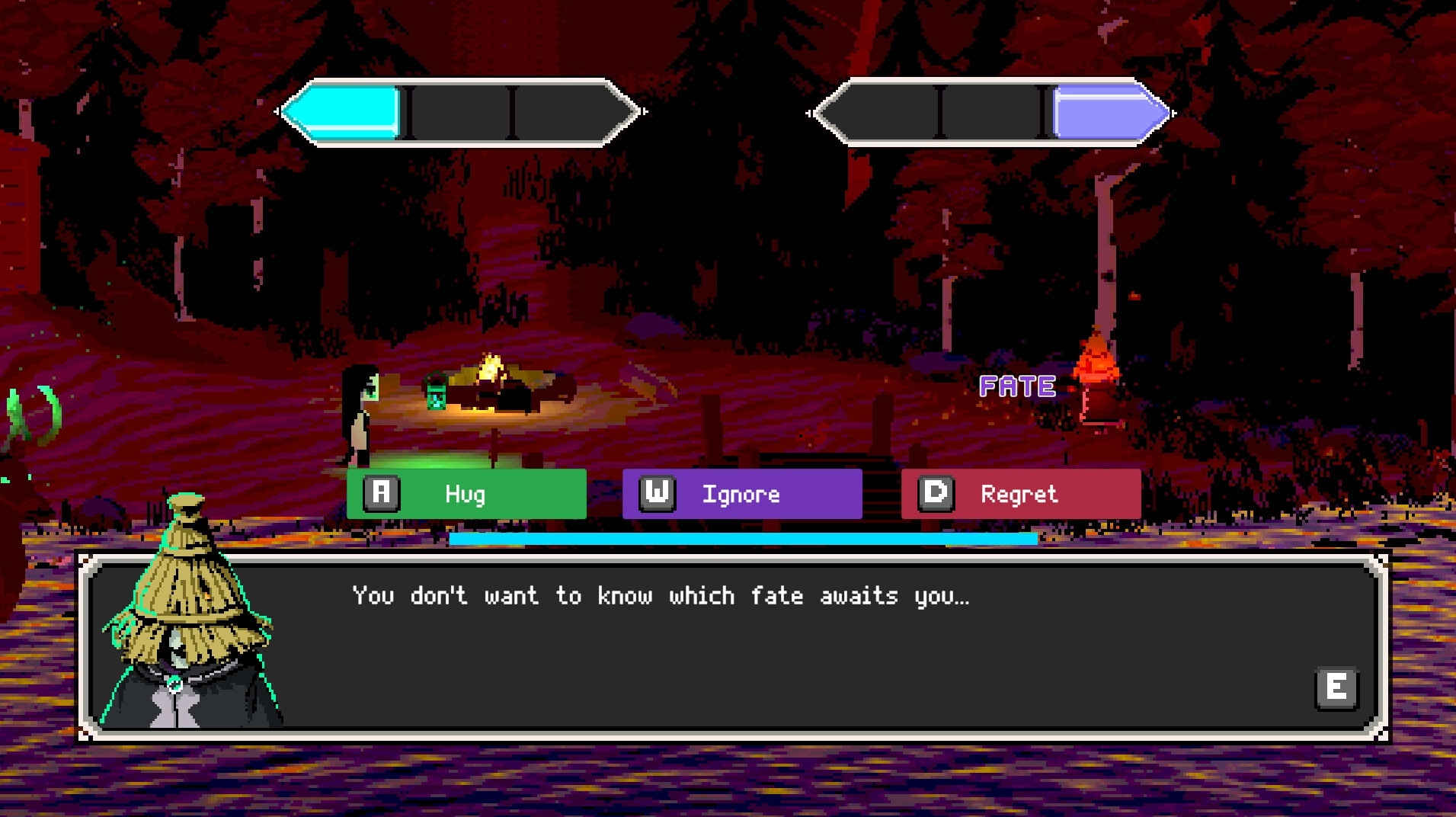 Twilight Ferry: Tytti faces choices at a campfire in a forest, dialogue box shows mysterious warning.