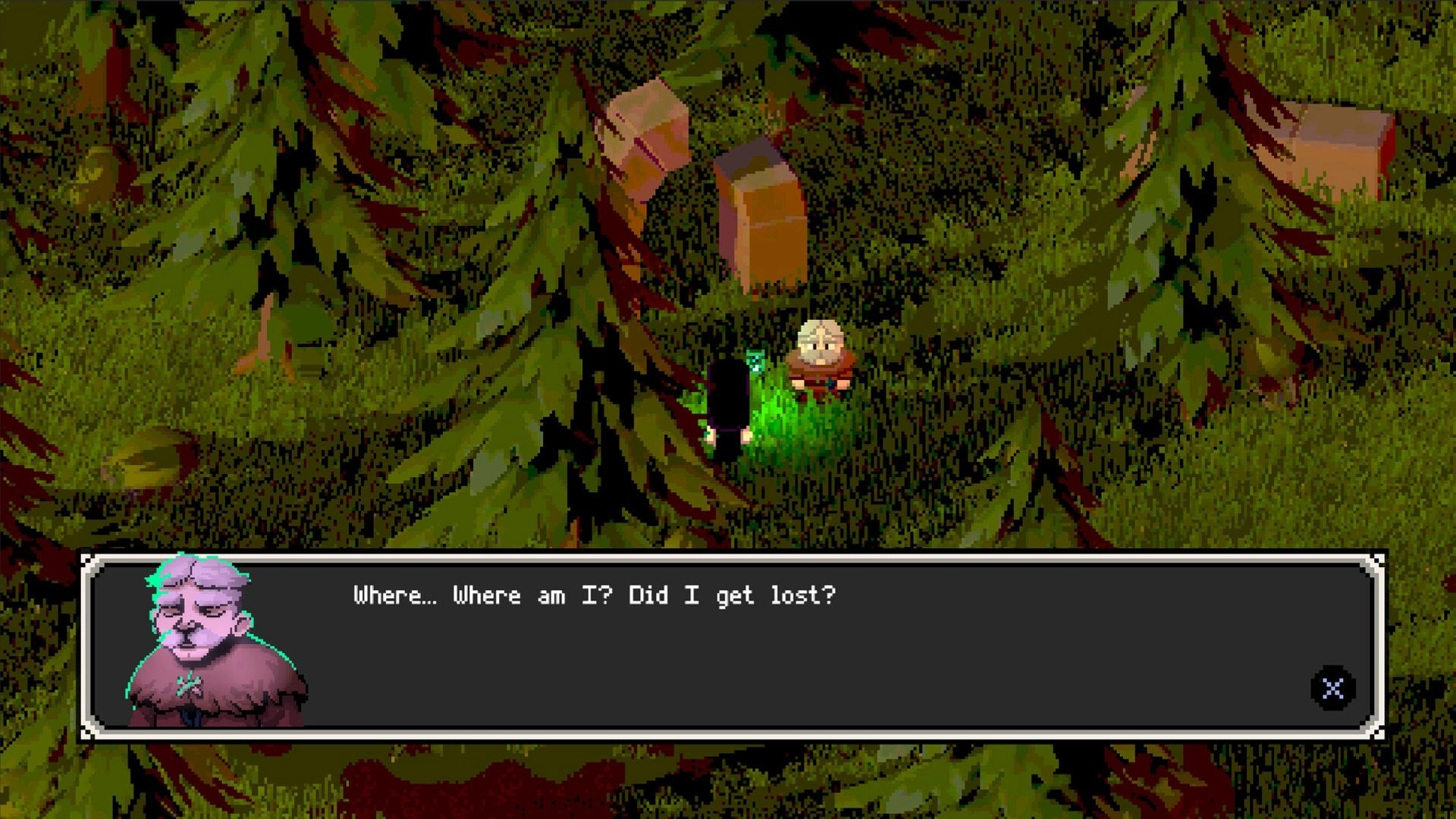 Twilight Ferry: Tytti encounters lost soul in forest, dialogue box displays, surrounded by tall trees