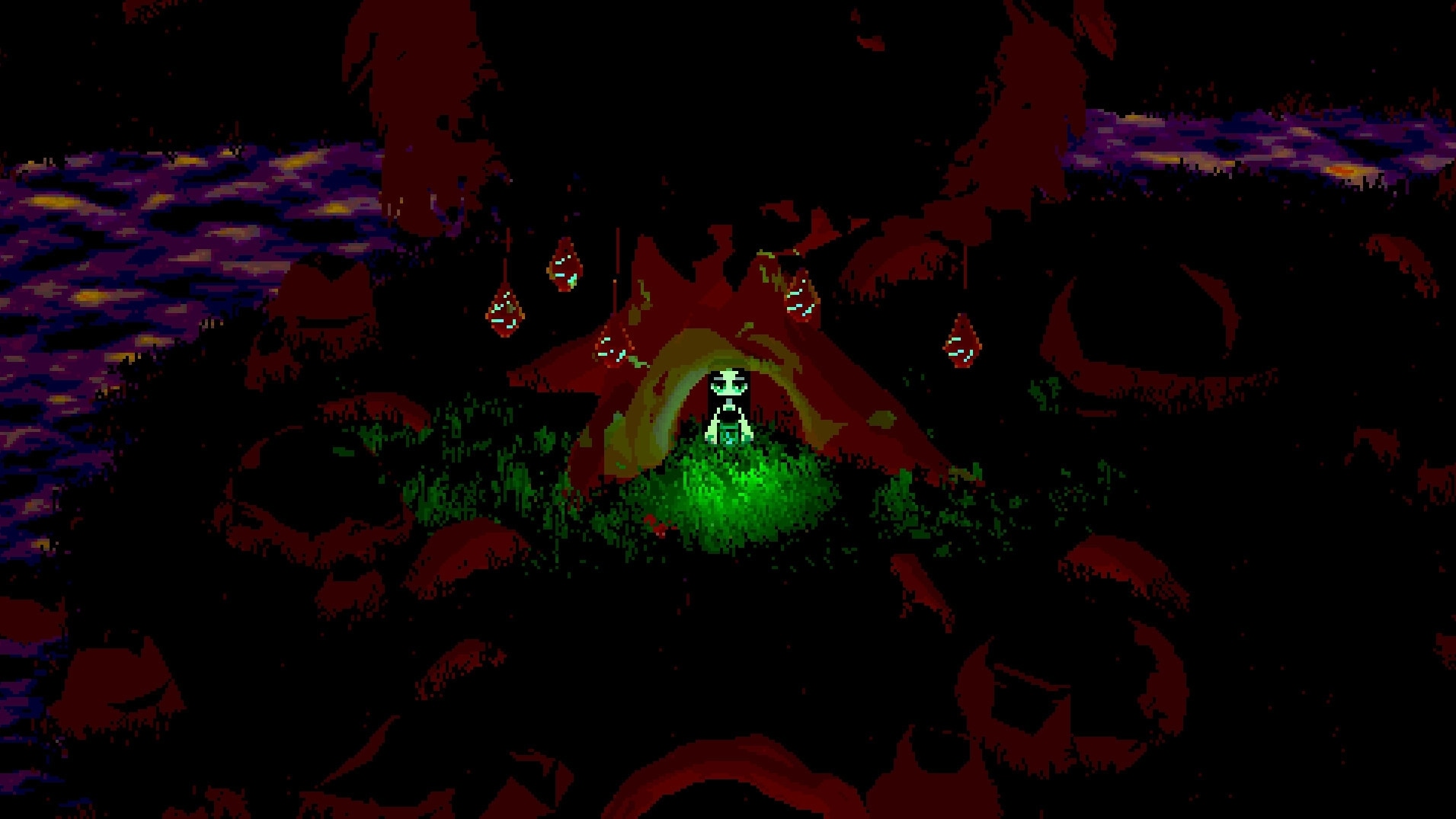 Twilight Ferry: Tytti stands illuminated by green light in a dark forest clearing with hanging lanterns.