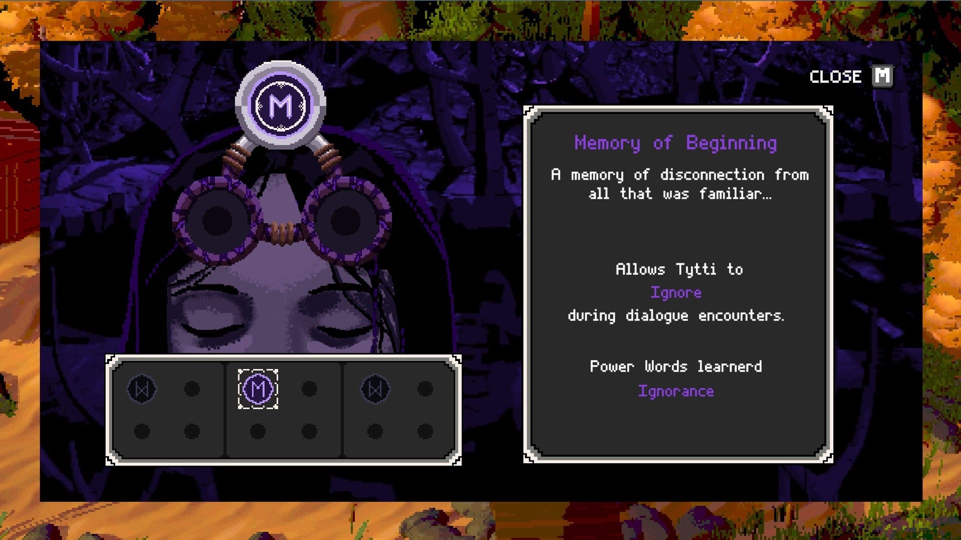 Twilight Ferry: Memory selection screen with Tytti's closed eyes and dialogue power options in forest setting.