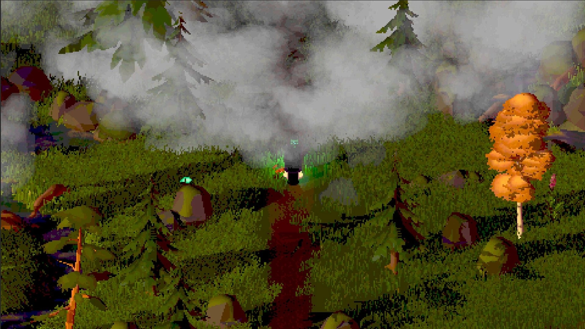 Twilight Ferry: Tytti walking through a foggy forest path surrounded by lush trees and vibrant foliage