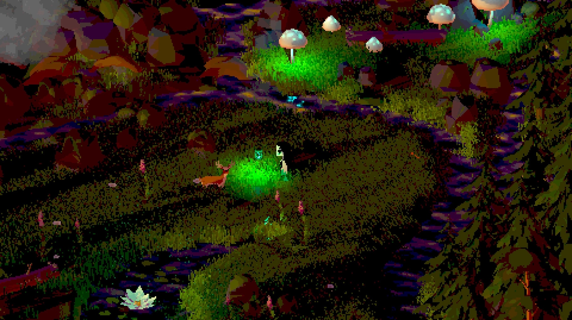 Twilight Ferry: Tytti interacts with glowing spirit in a mystical forest with large mushrooms.