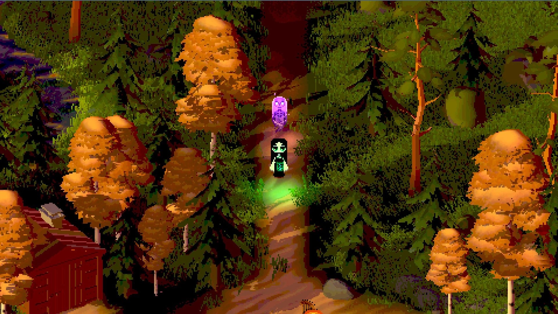 Twilight Ferry: Tytti guides a glowing soul through a vibrant forest path surrounded by autumn trees.