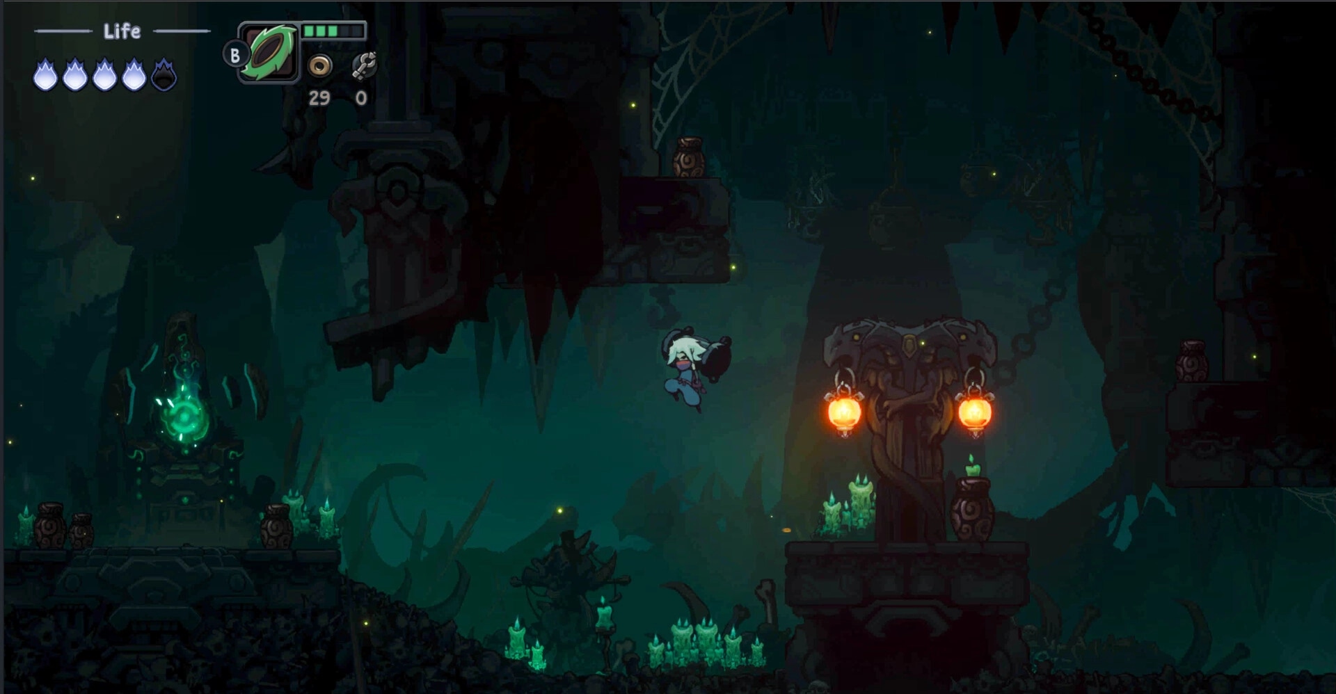 Twilight Monk: Character jumping in a dark cavern with glowing green crystals and health bar visible