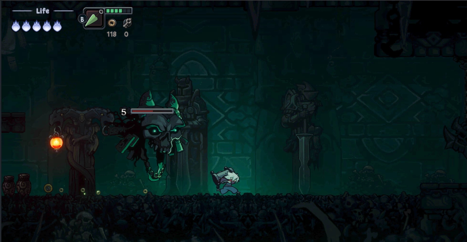 Twilight Monk: Player in combat with a large skull enemy in a dark, ancient temple environment