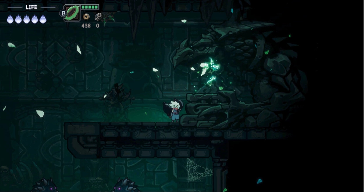 Twilight Monk: Character stands on stone bridge near dragon statue with glowing green energy in dungeon.