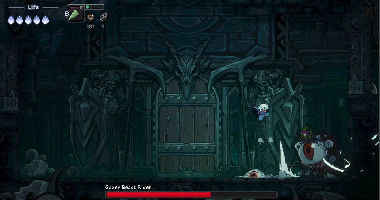 Twilight Monk: Combat with Gazer Beast Rider in dark dungeon, life bar and inventory icons visible