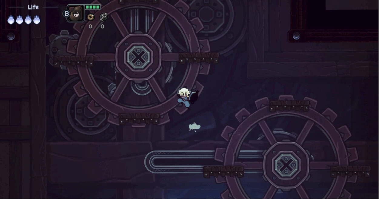 Twilight Monk: Character jumping through a complex gear mechanism in a dark mechanical dungeon setting.