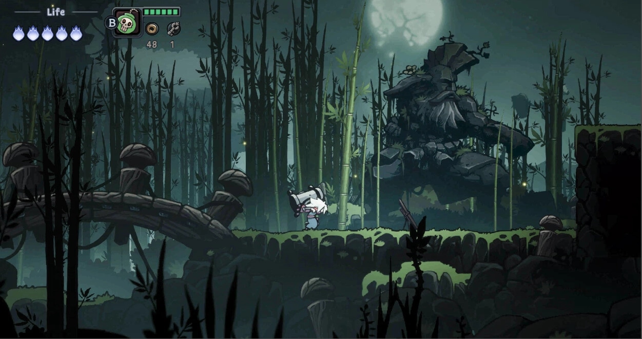 Twilight Monk: Player character exploring a dense bamboo forest under a full moon with life and items HUD