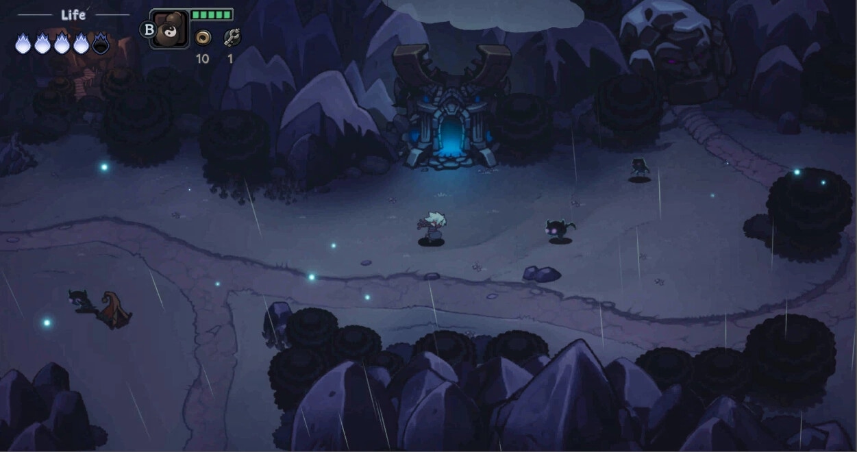 Twilight Monk: Hero and companion approach glowing temple in a misty, rain-soaked mountain landscape