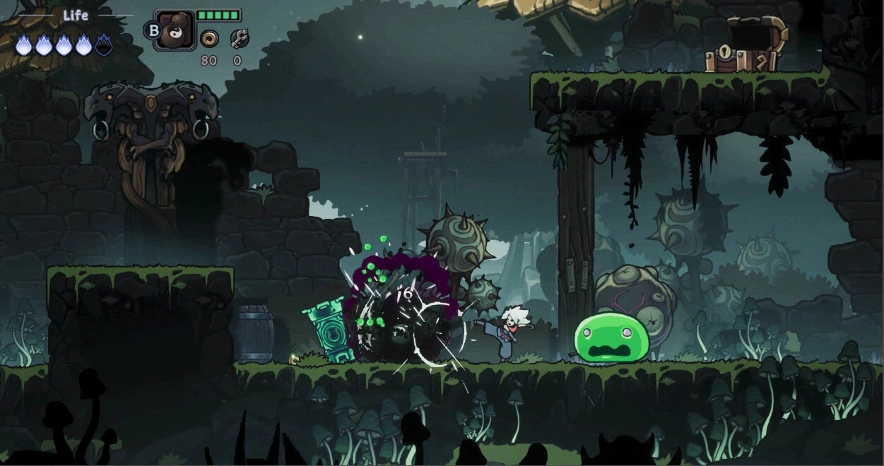 Twilight Monk: Character battles green slime in dark forest dungeon with health bar and inventory visible