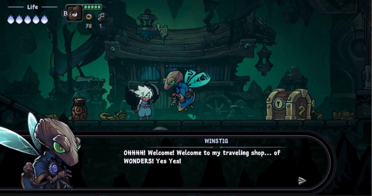 Twilight Monk: Winstig's shop interaction with dialogue box in a dimly lit wooden structure setting