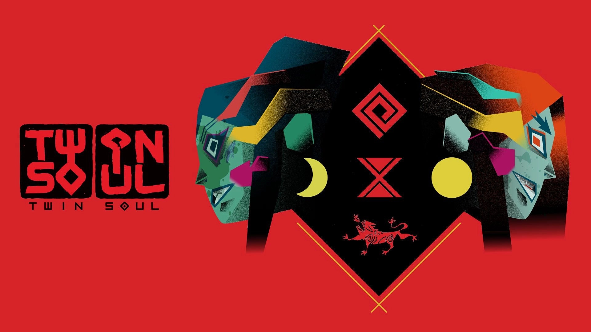 Twin Soul: Stylized twin masks facing each other with geometric symbols on a vibrant red background.