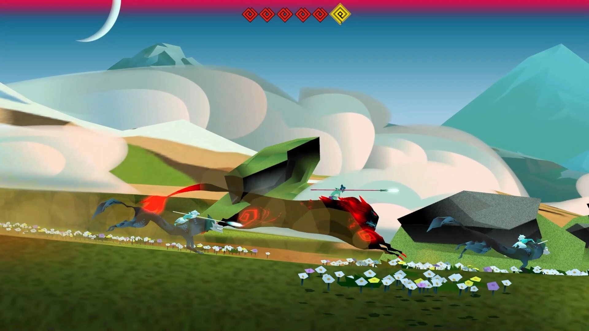 Twin Soul: Two mystical creatures racing in a vibrant landscape with mountains and a crescent moon.
