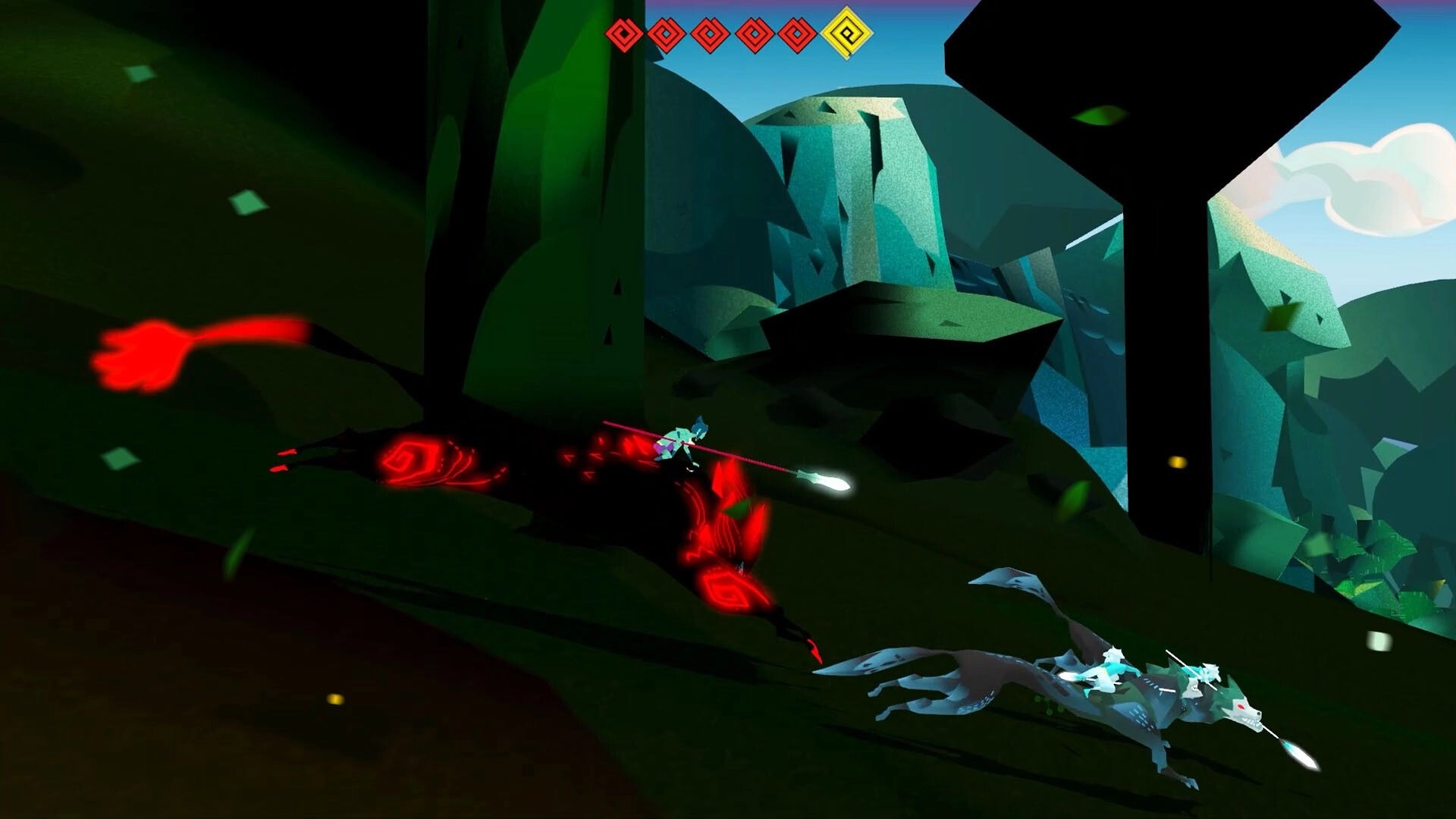 Twin Soul: Protagonist rides a glowing beast in a stylized forest while fighting a red enemy creature