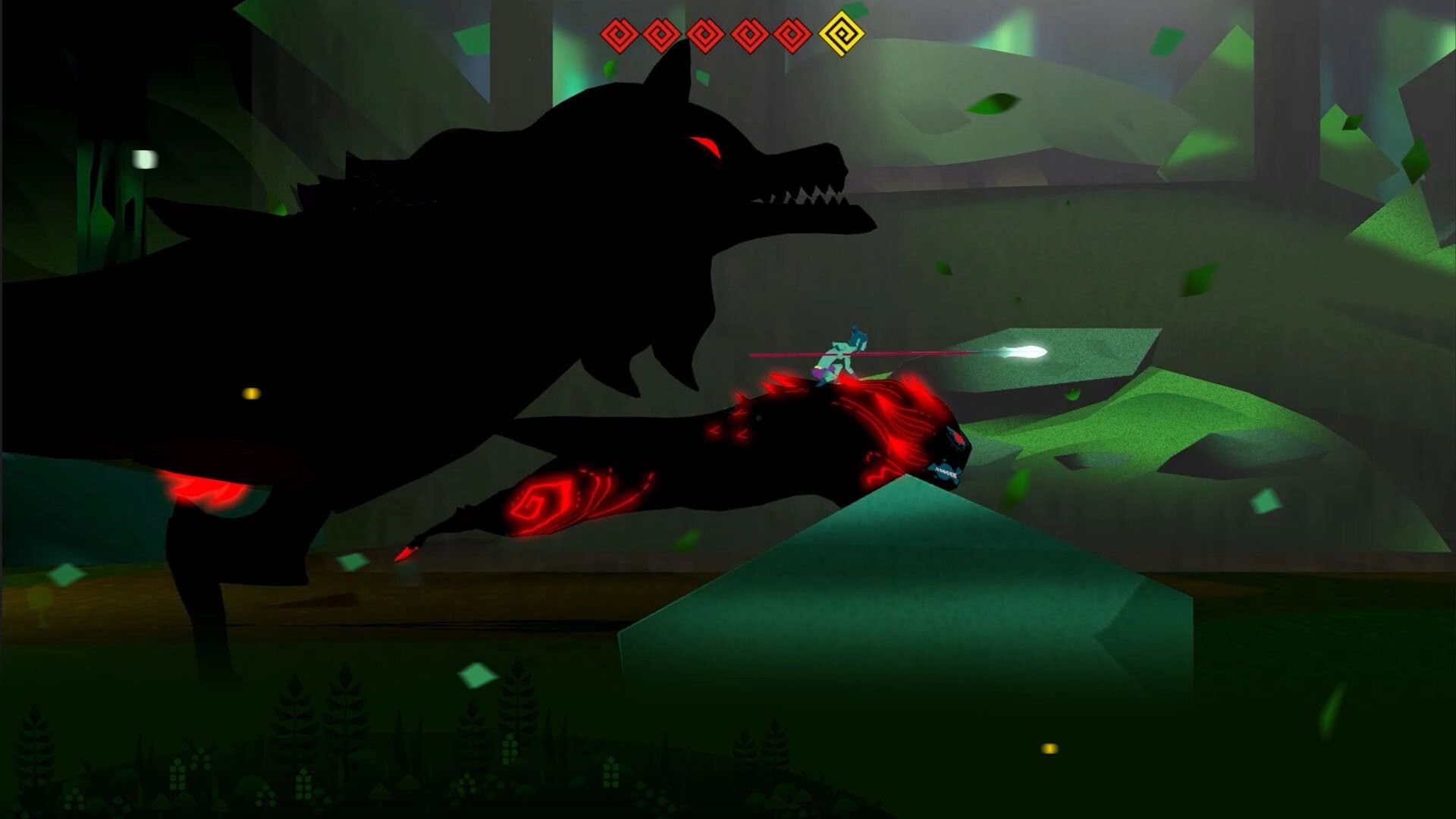 Twin Soul: Protagonist battles giant shadow wolf on glowing mount in mystical forest environment