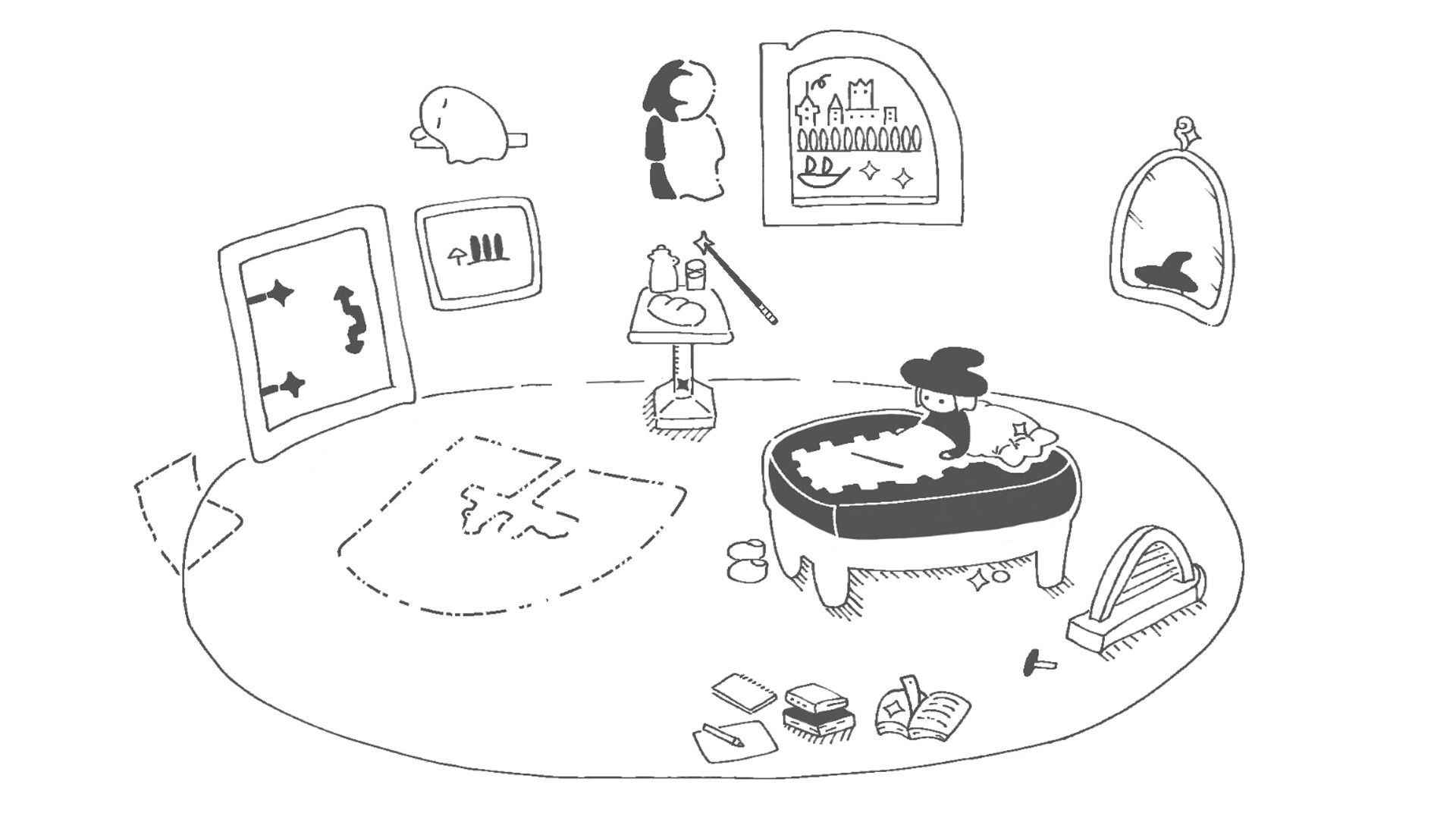 Twinkle Seek: Cozy room puzzle scene with character in bed, scattered items, and wall pictures.