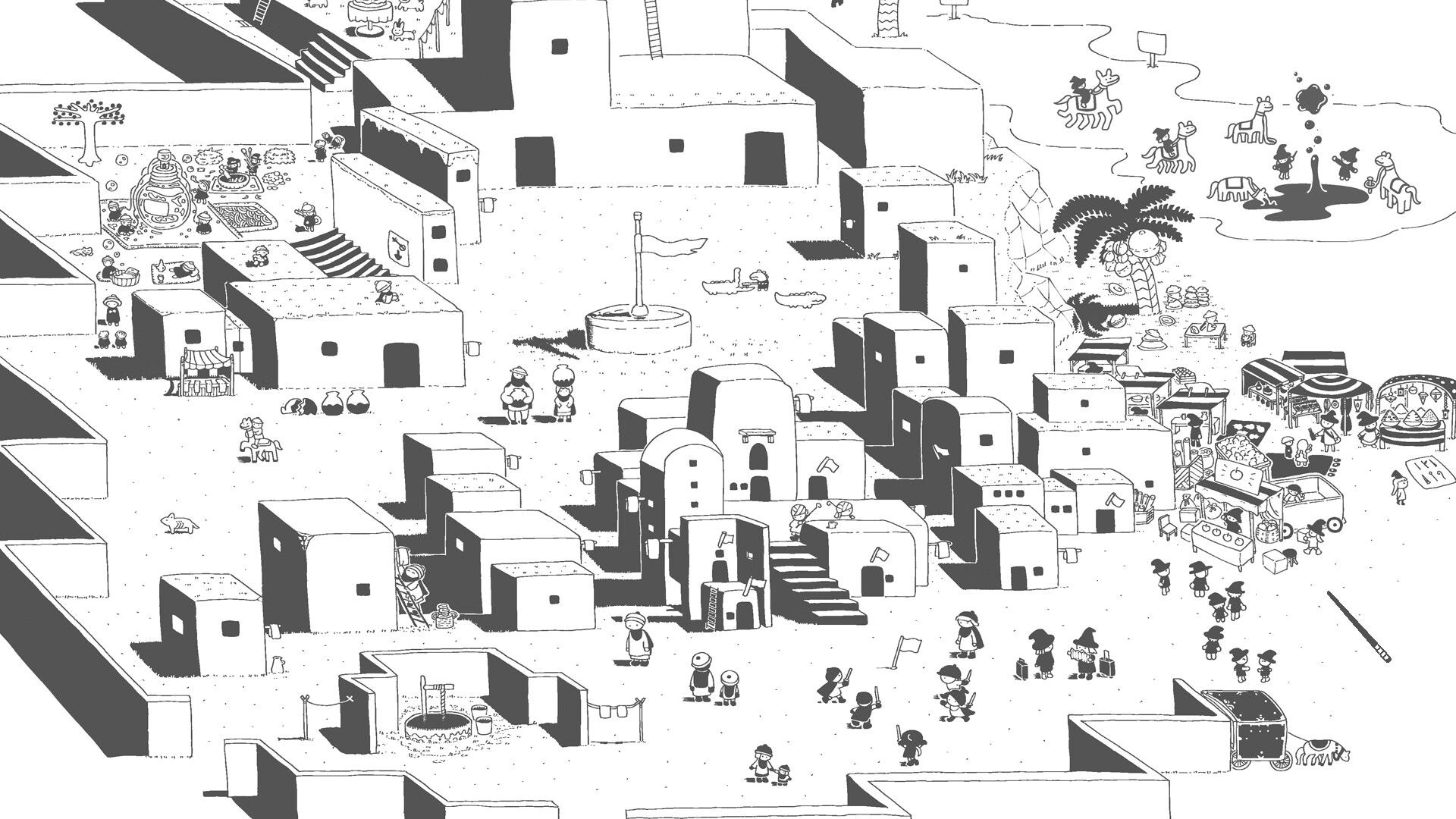 Twinkle Seek: Desert village hidden-object scene with tiny NPCs, market stalls, and blocky buildings.