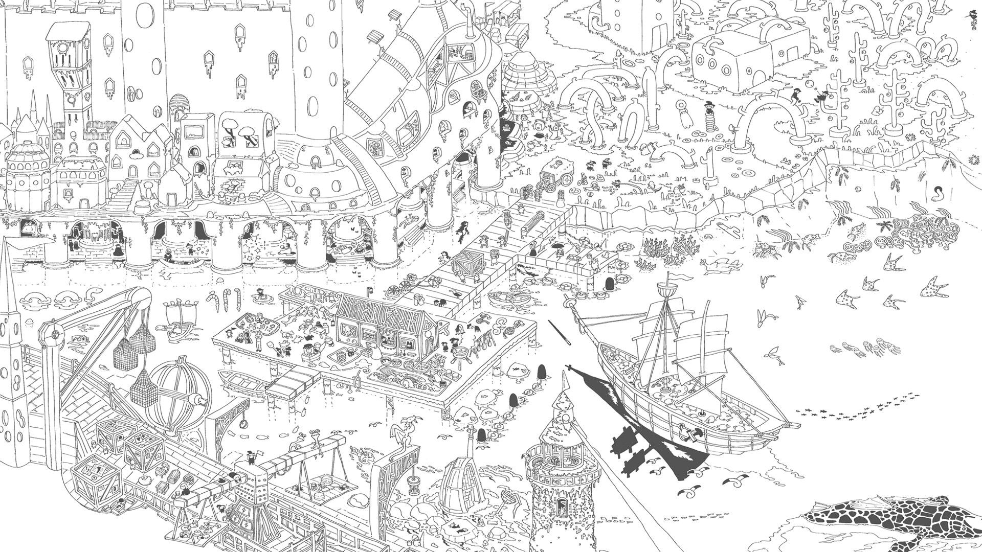 Twinkle Seek: Hidden-object harbor town map with docks, ship, market stalls, and tall towers by sea.