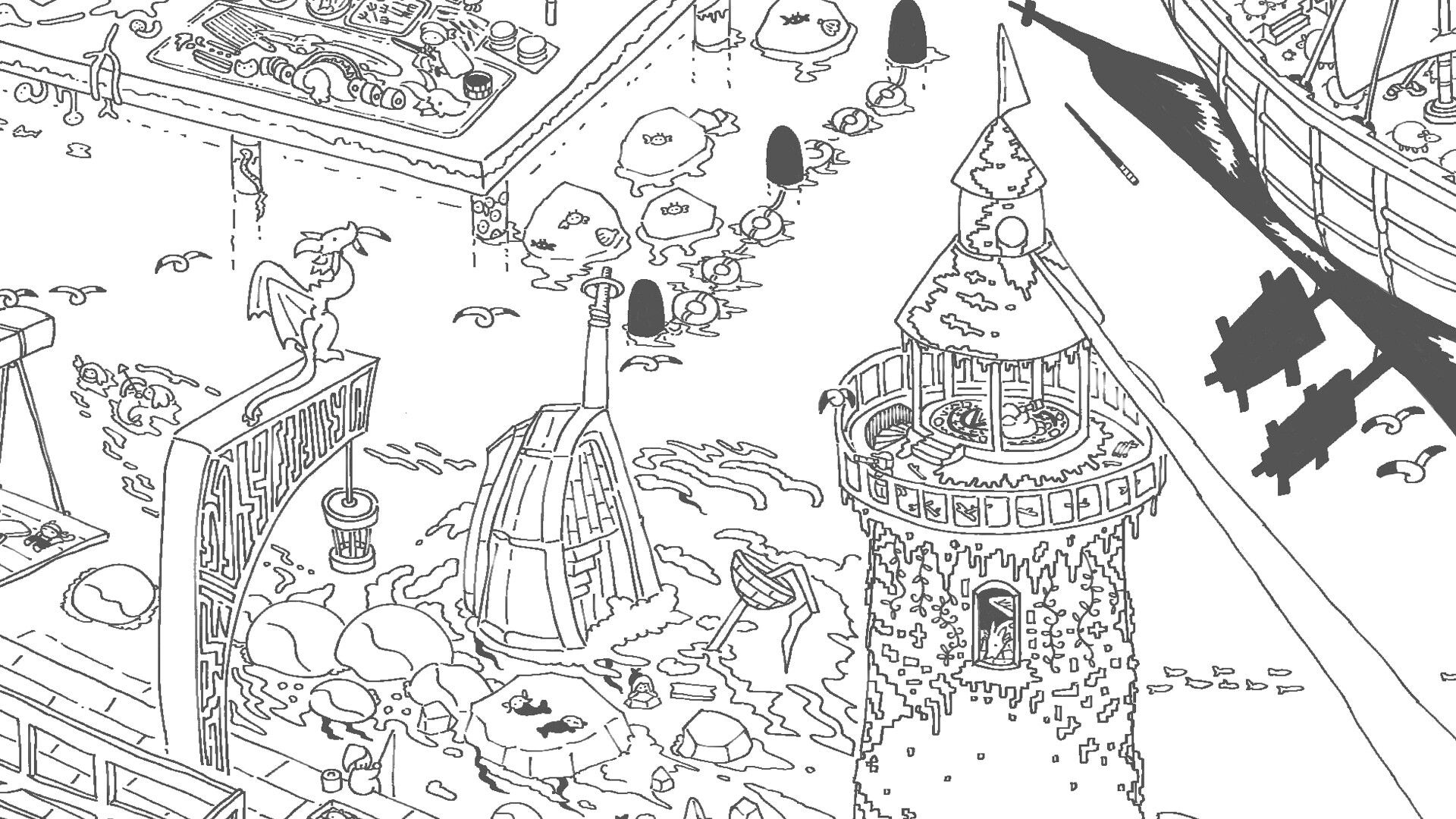 Twinkle Seek: Hidden-object line art of flooded courtyard with bridge, dragon statue, and tower ruins.
