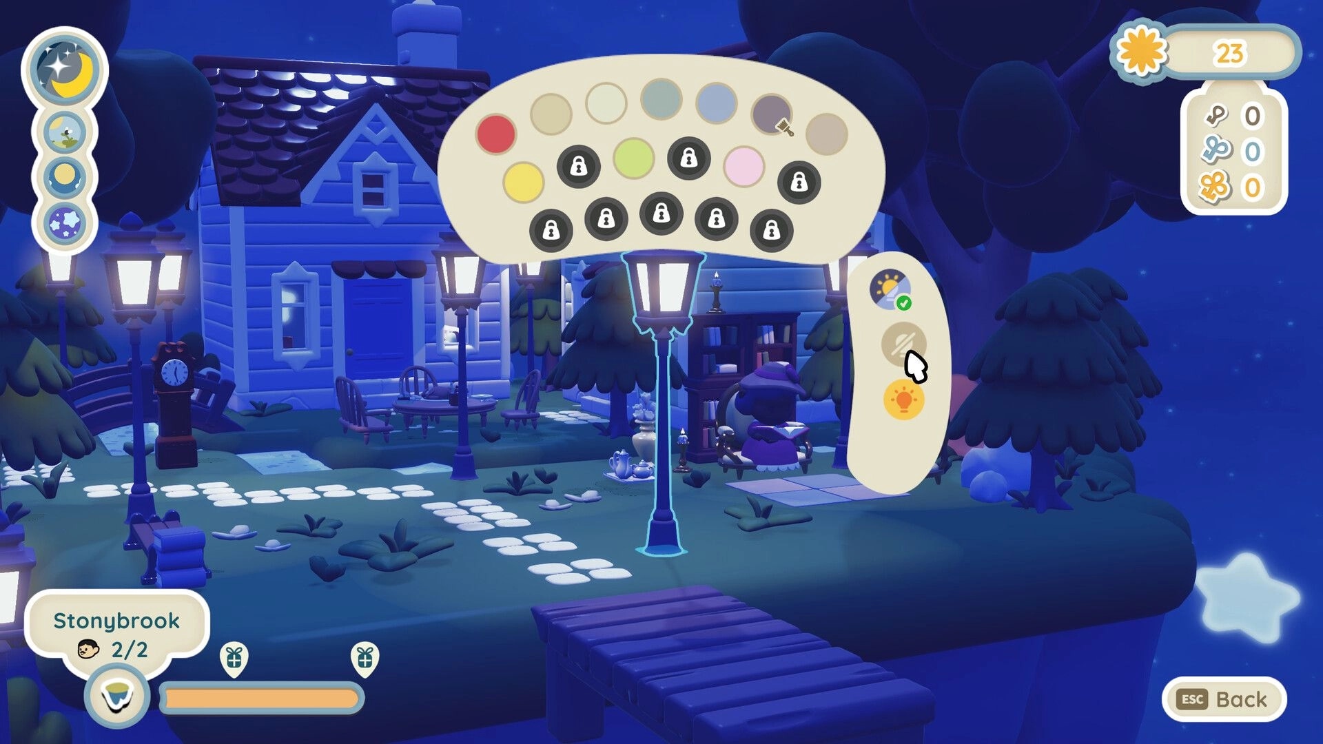 Twinkleby: Nighttime island scene with color selection menu and character near a cozy lit house