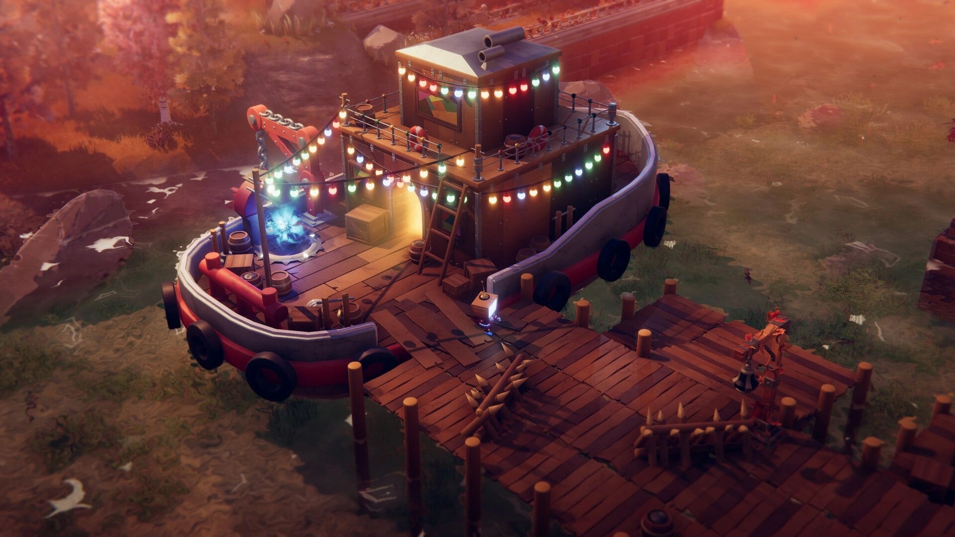 Twins of Olus: Colorful boat with festive lights docked at a wooden pier in a serene autumn landscape