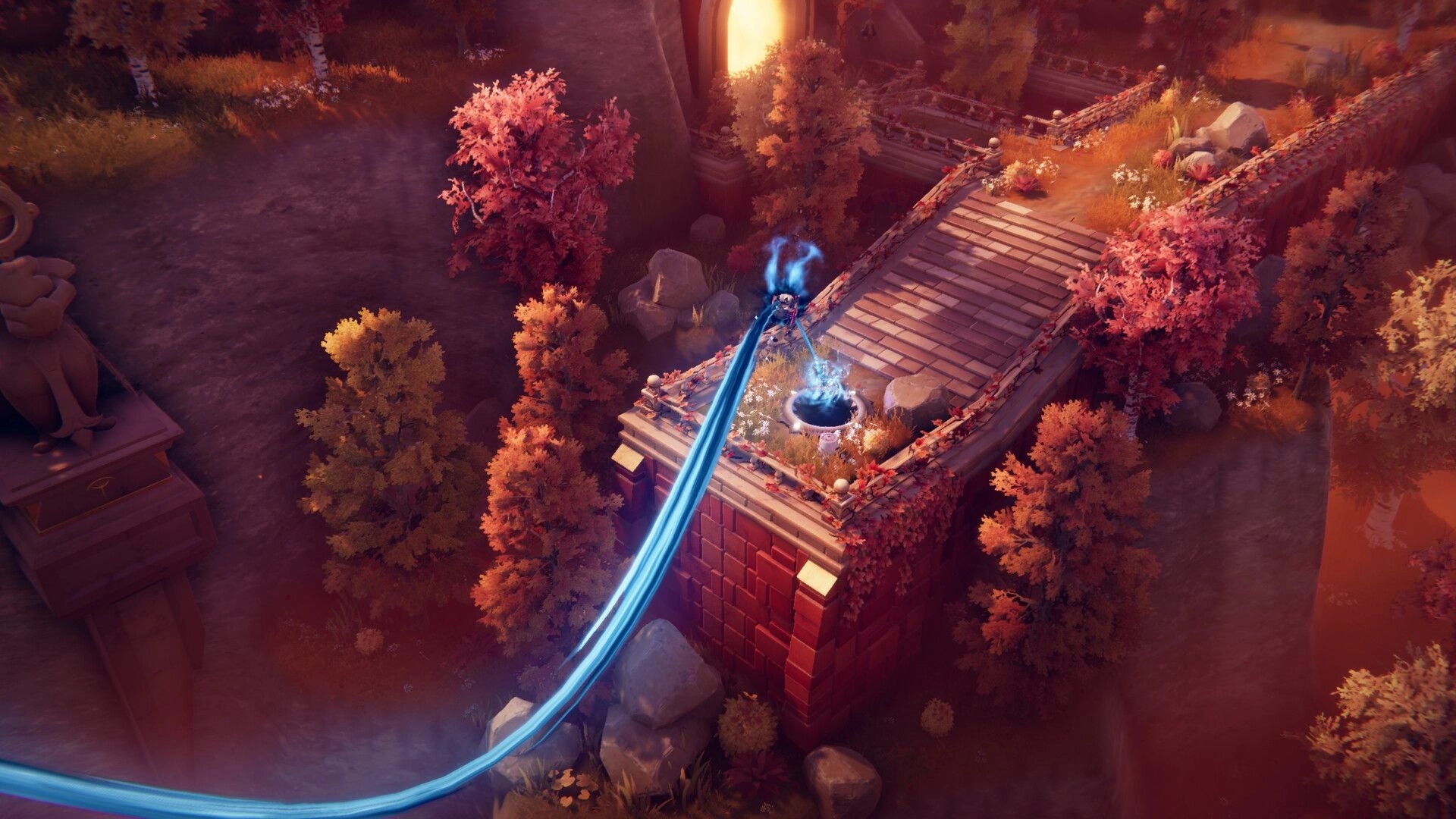 Twins of Olus: Character using energy beam on bridge amidst autumn forest setting