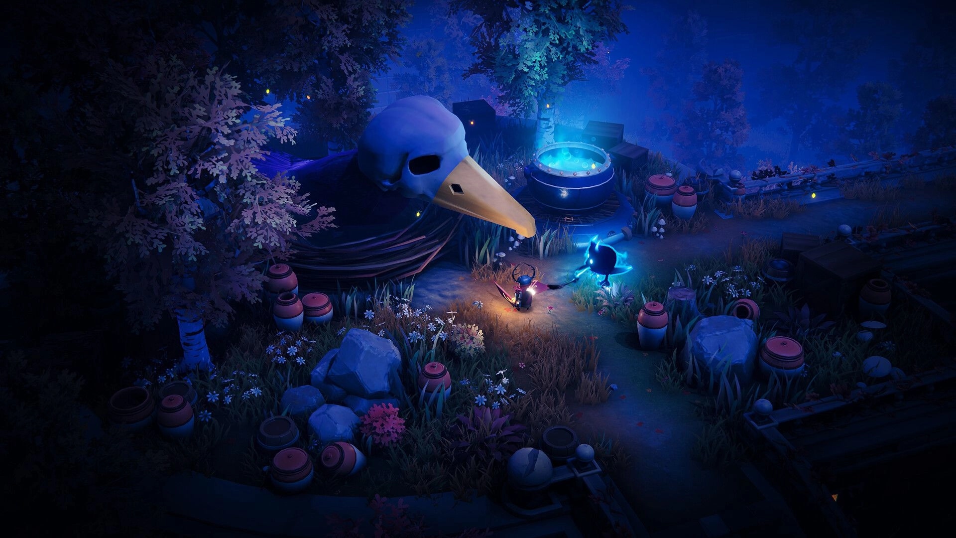 Twins of Olus: Young Uthran and spirit explore a mystical forest with glowing cauldron and large bird skull.