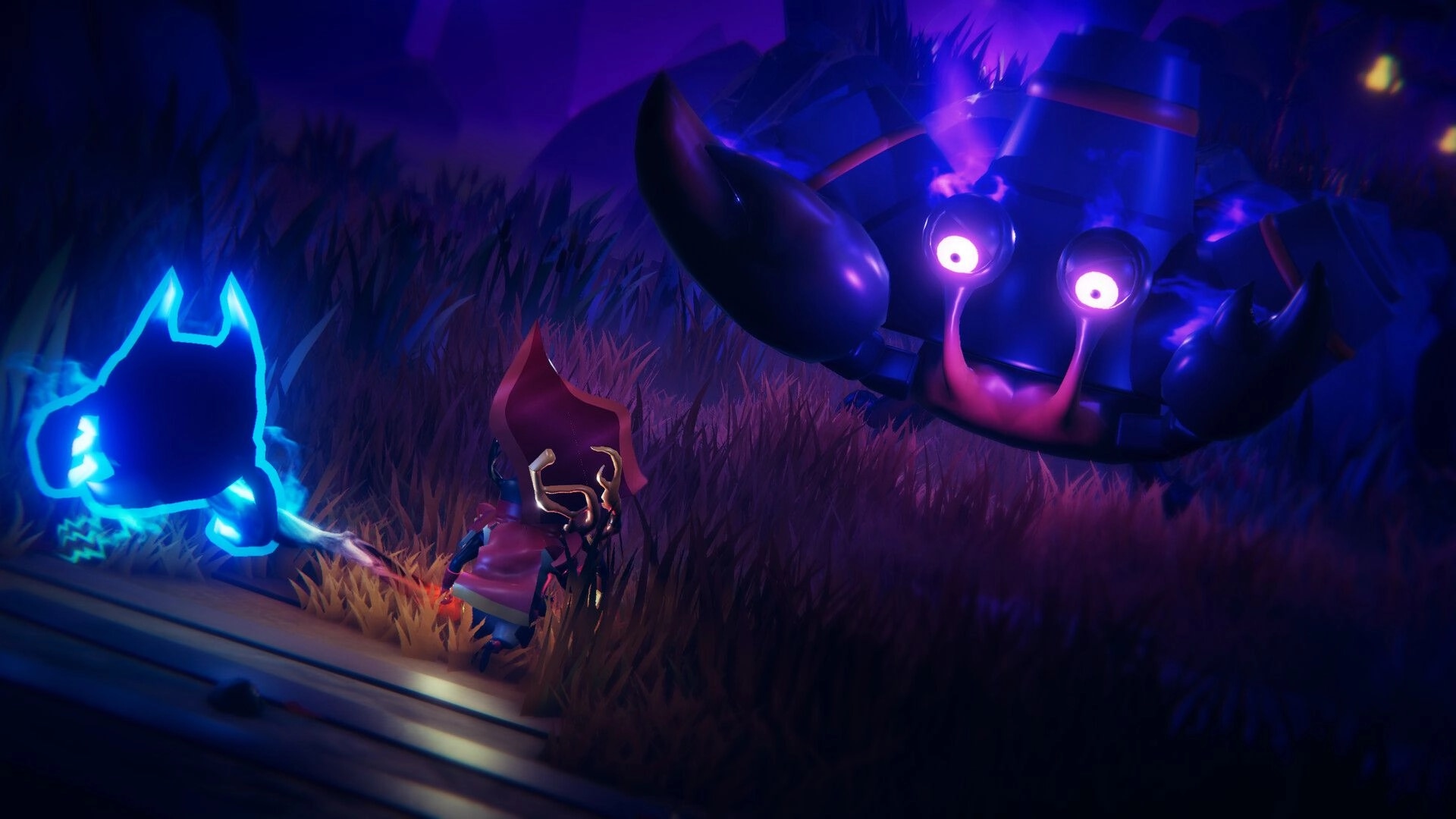 Twins of Olus: Young Uthran confronts glowing enemy crab in eerie, purple-tinged grassy landscape.