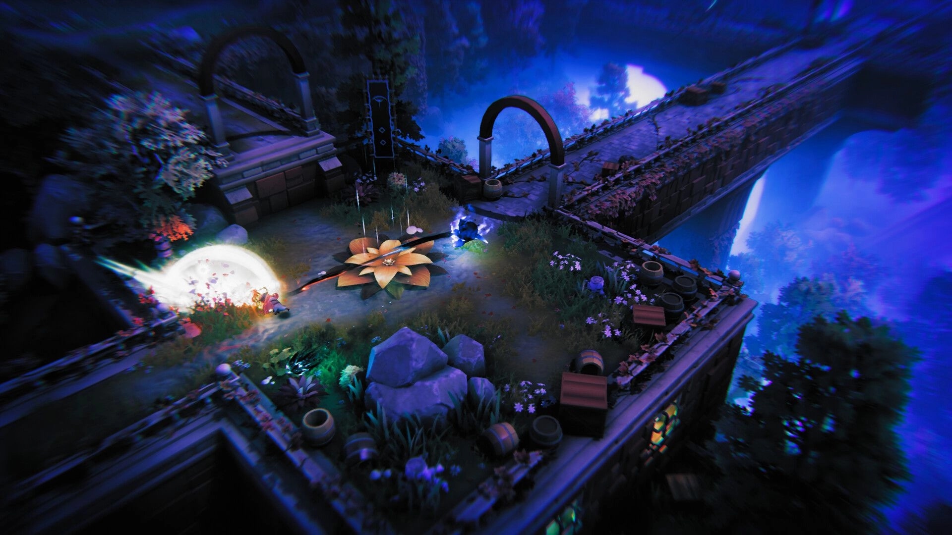 Twins of Olus: Intense combat scene with magic effects in a mystical garden atop a ruined structure.