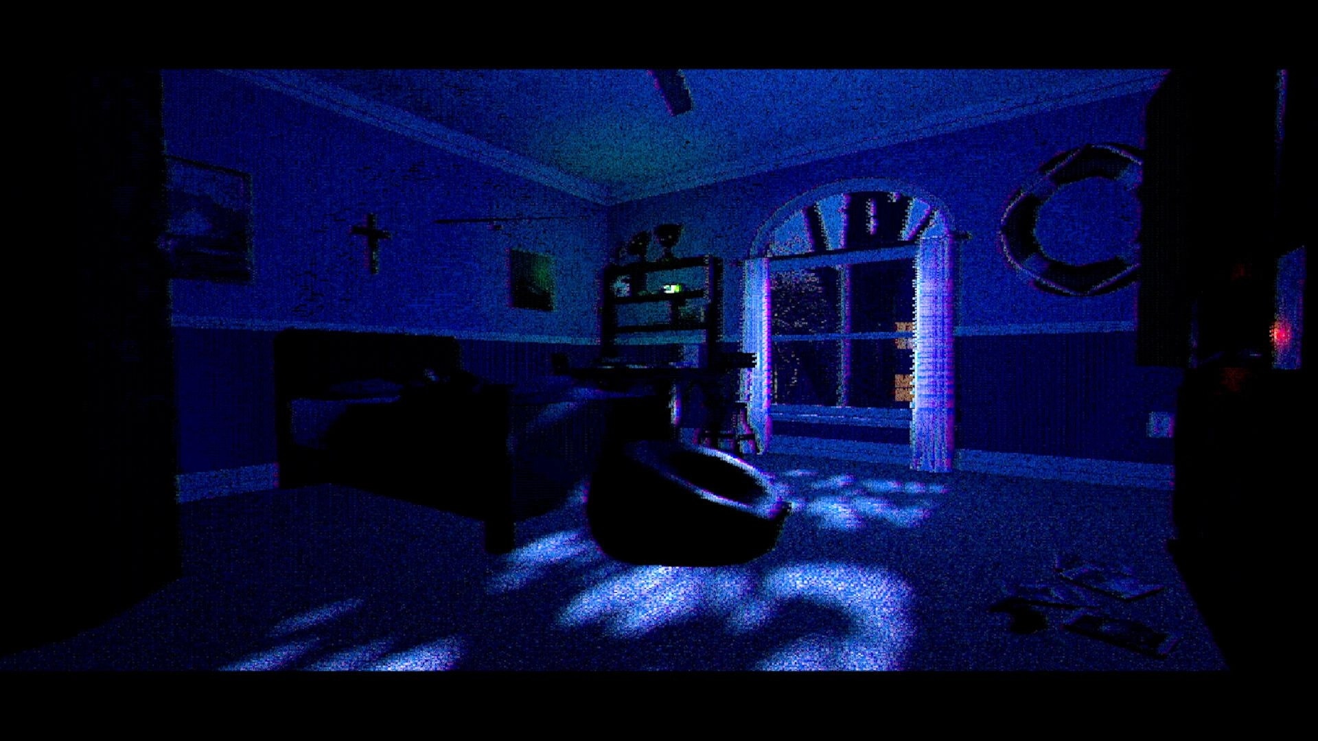 T.W.I.R.L.: Empty bedroom with bed and shelf, moonlight through window in blue VHS-like noise.