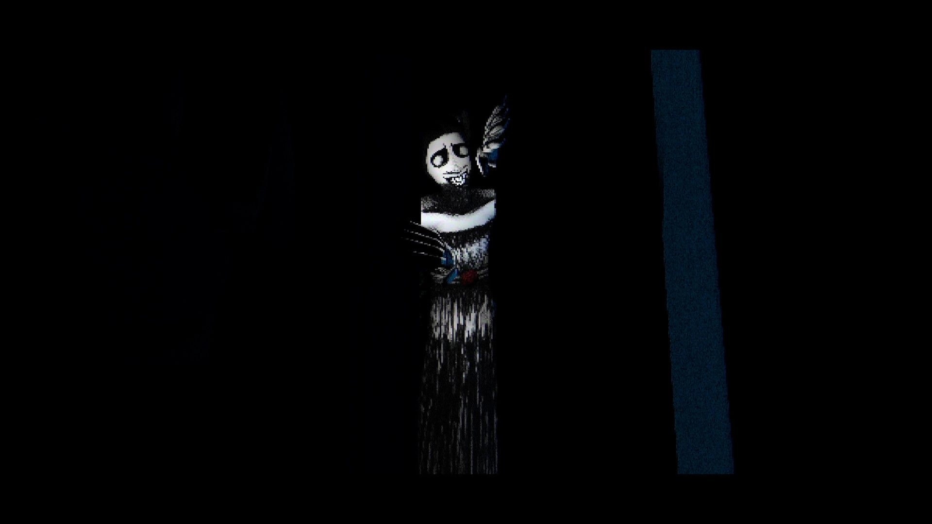 T.W.I.R.L.: Pale masked figure peeks from darkness beside a blue doorway in a shadowy hallway.